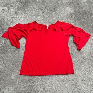 New Mode Ruffle Keyhole Top Womens 2XL Red Bell Sleeve Boat Neck Casual Stretch